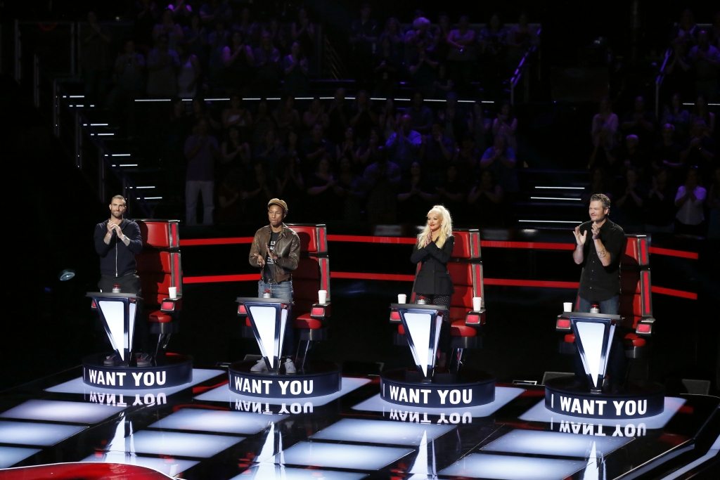 THE VOICE -- Blind Auditions -- Pictured: (l-r) Adam Levine, Pharrell Williams, Christina Aguilera, Blake Shelton -- (Photo by: Trae Patton/NBC)